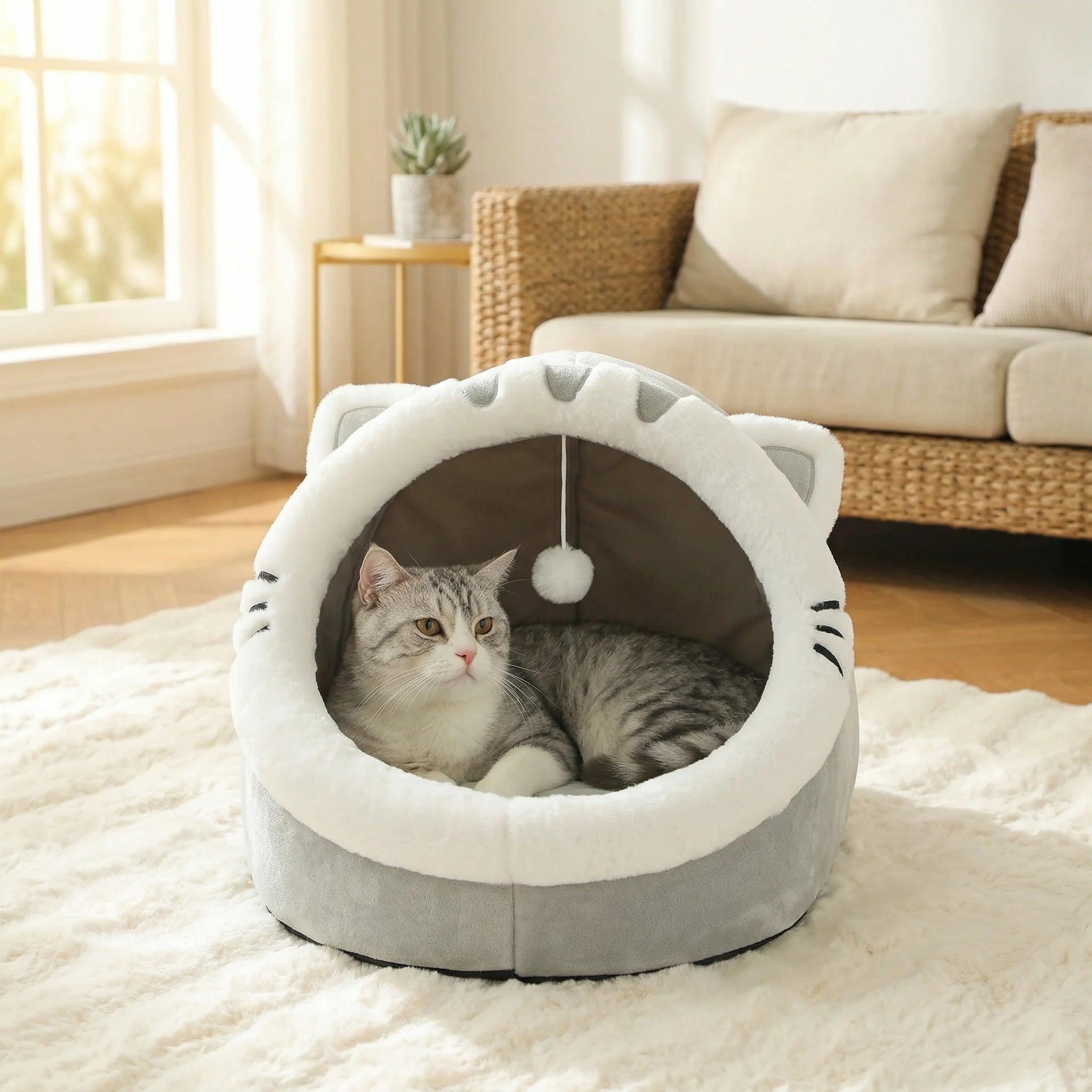 CozyNest™ Foldable Plush Pet Cave Bed with Hanging Toy