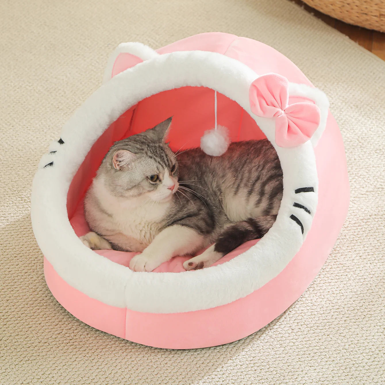 CozyNest™ Foldable Plush Pet Cave Bed with Hanging Toy