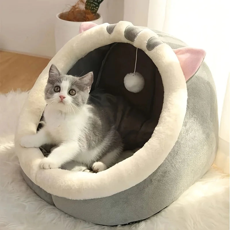 CozyNest™ Foldable Plush Pet Cave Bed with Hanging Toy