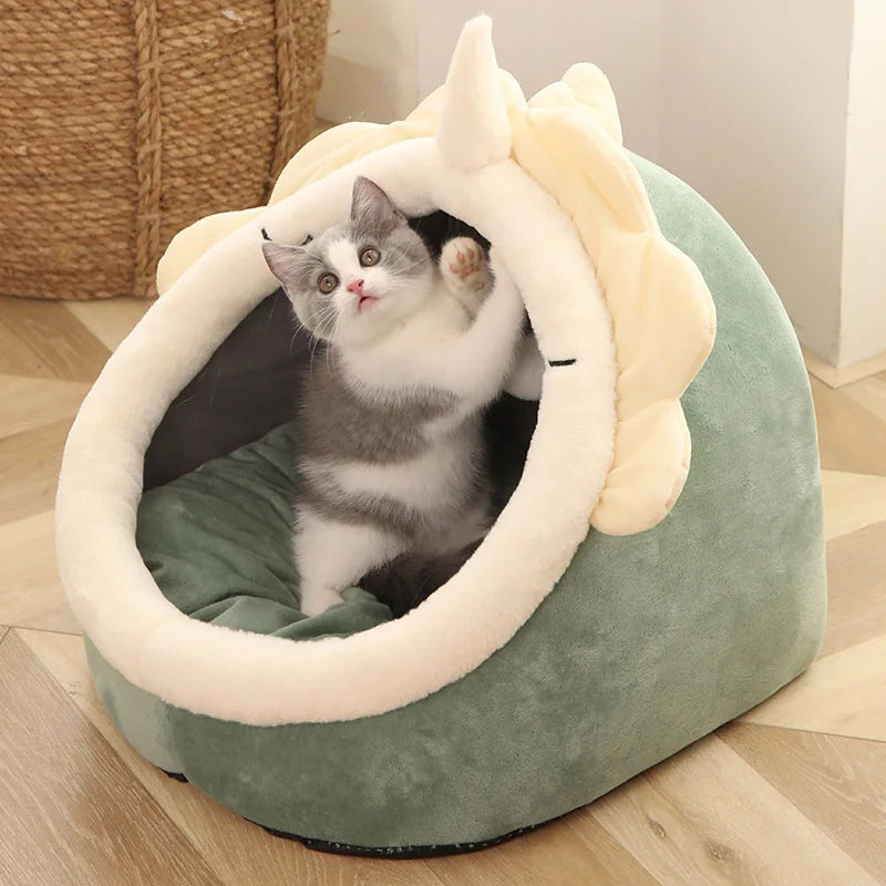 CozyNest™ Foldable Plush Pet Cave Bed with Hanging Toy