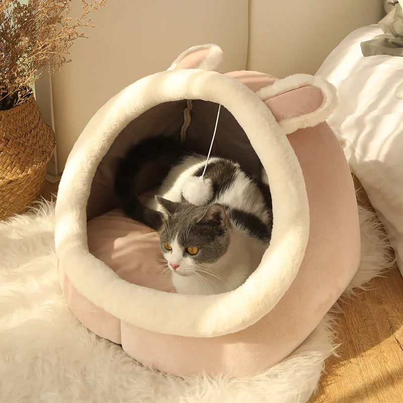 CozyNest™ Foldable Plush Pet Cave Bed with Hanging Toy