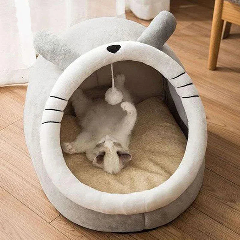 CozyNest™ Foldable Plush Pet Cave Bed with Hanging Toy