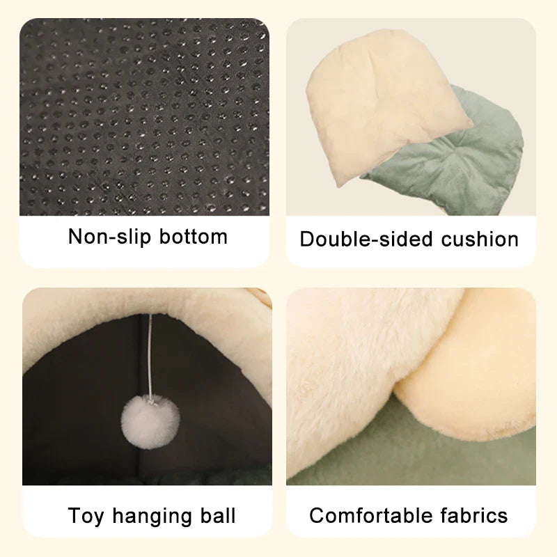 CozyNest™ Foldable Plush Pet Cave Bed with Hanging Toy