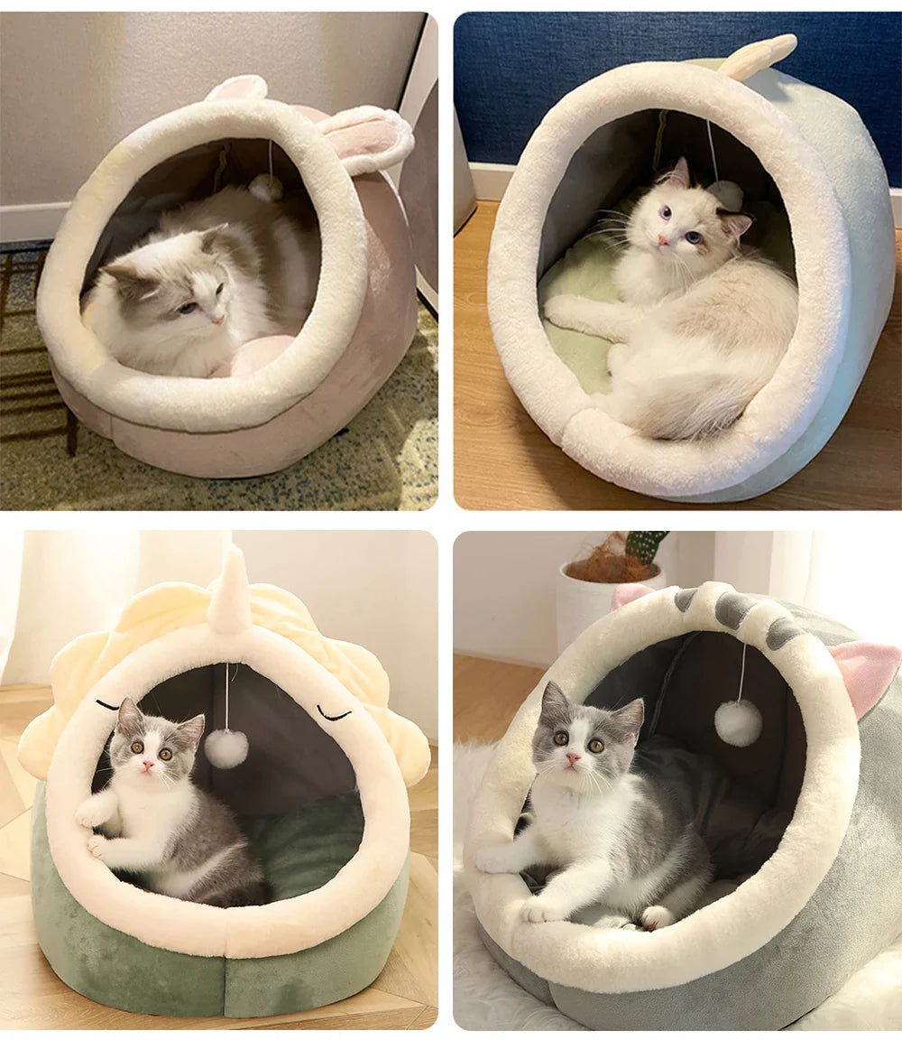 CozyNest™ Foldable Plush Pet Cave Bed with Hanging Toy